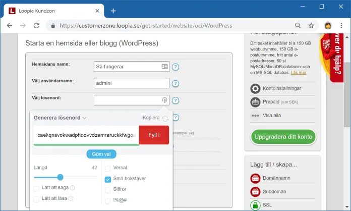 Loopias verktyg installerar Wordpress-webbplatsen med angivna uppgifter.