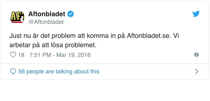Tweet om att Aftonbladets webbplats ligger nere.